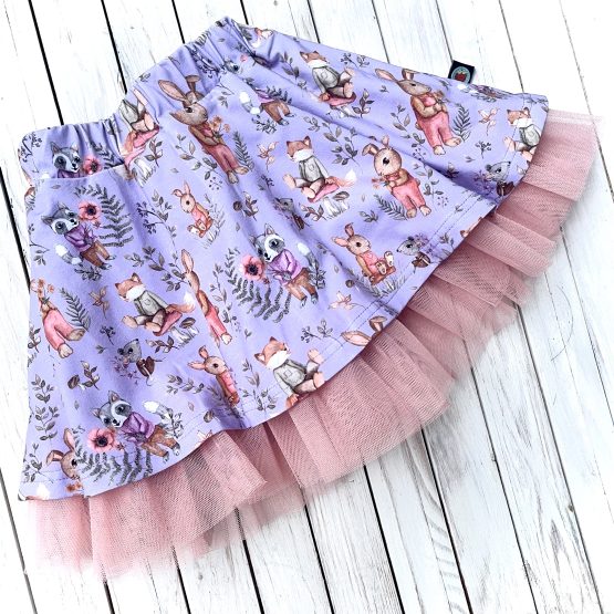 pörgős szoknya – nyuszi, róka, mosómedve ( lila, barack tüll )